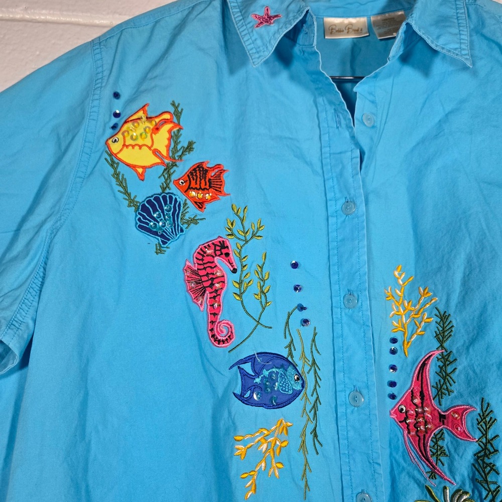 Bobbie‎ Brooks Embellished Embroidered Fish Seahorse Button Shirt Plus 18 20 - Picture 4 of 6